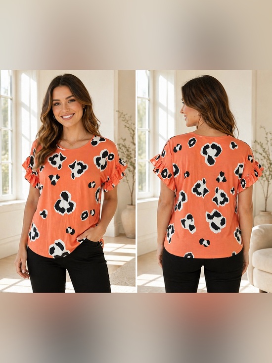 Southern Stitch Tops - Southern Stitch Women's Coral Leopard-Print Ruffle Sleeve Tee Size XL EUC